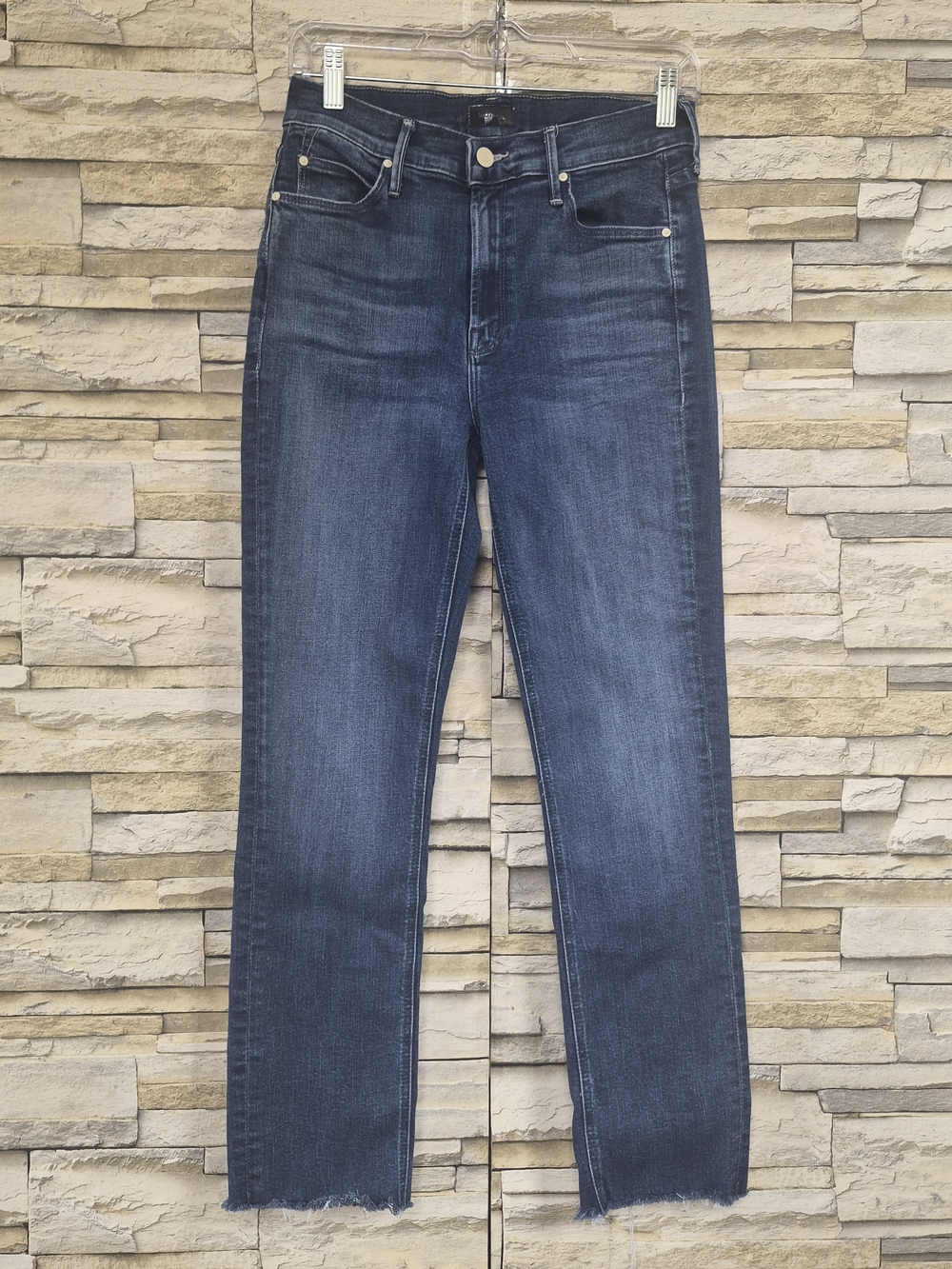 ​MOTHER The Dazzler Slim Straight Jeans Womens 28 Dark Wash Ankle Fray Stretch